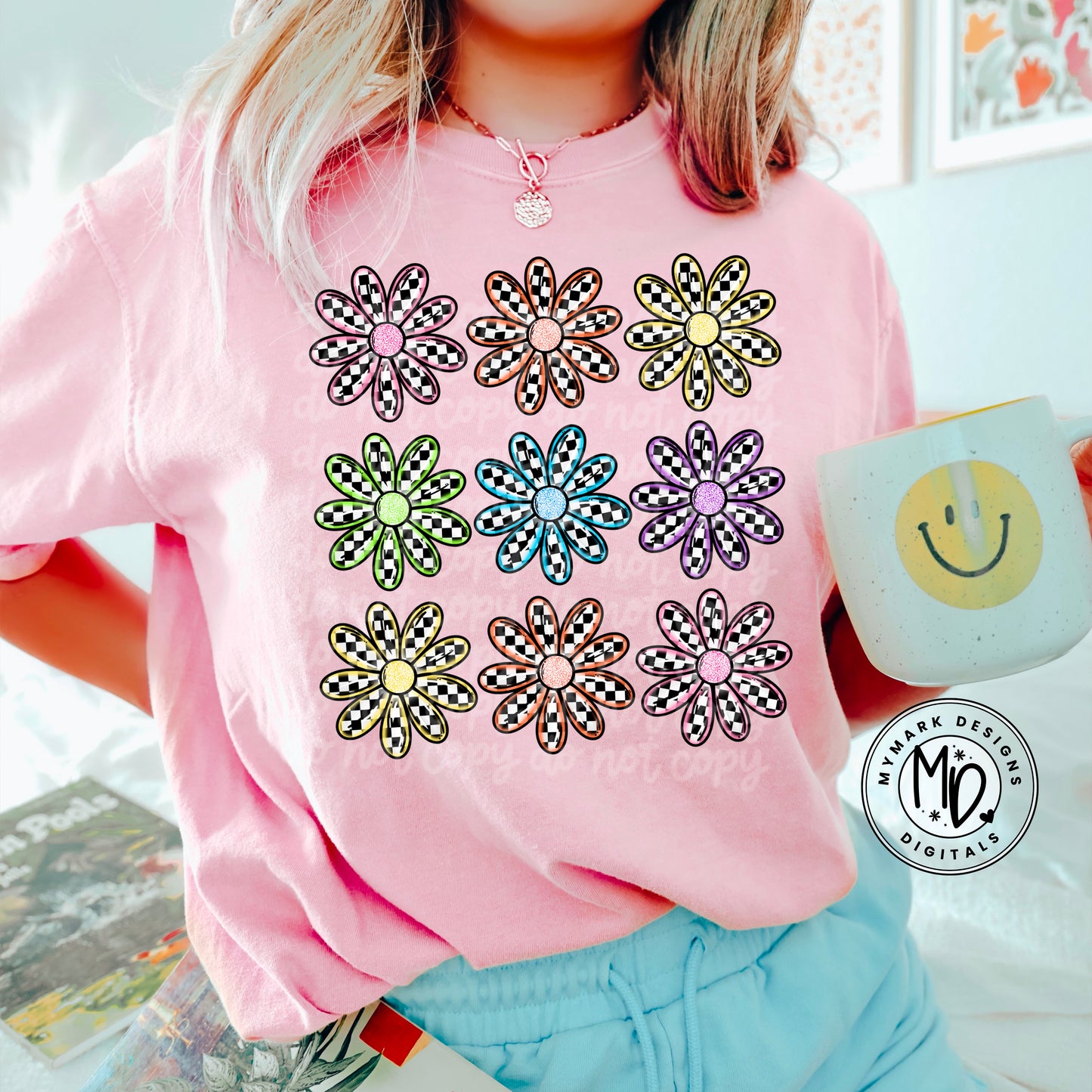 Stacked NEON Checker Daisies : PNG