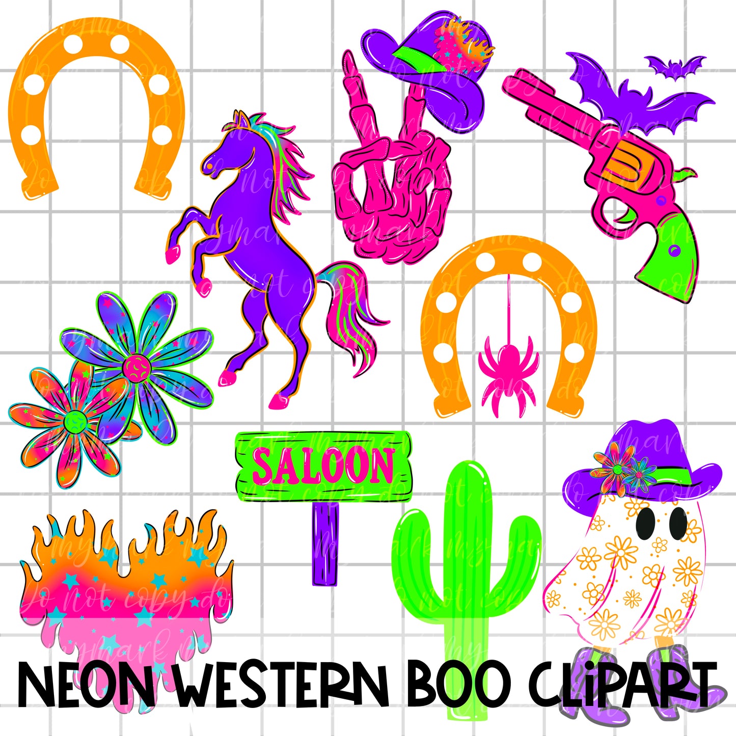 NEON WESTERN BOO CLIPART | August Clipart 25