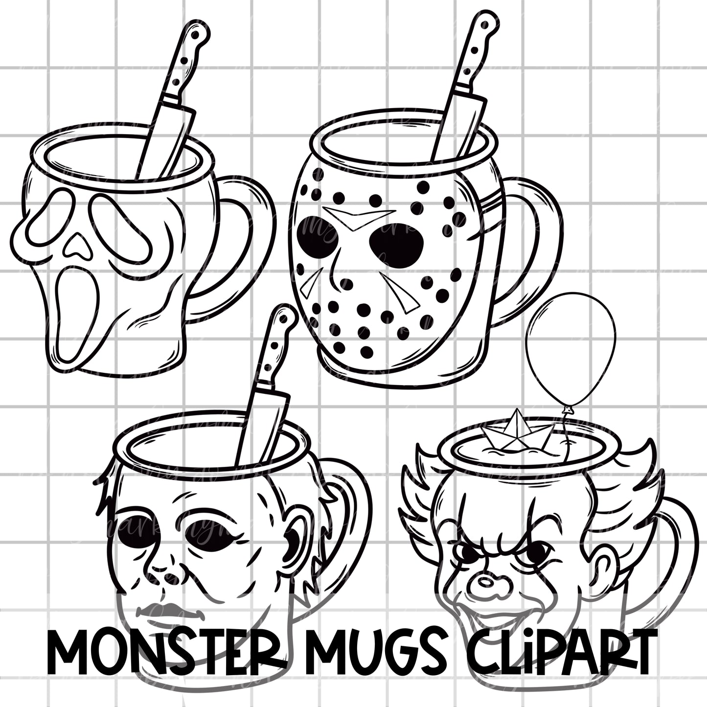 MONSTER MUGS CLIPART - color & outlines | August Clipart 25