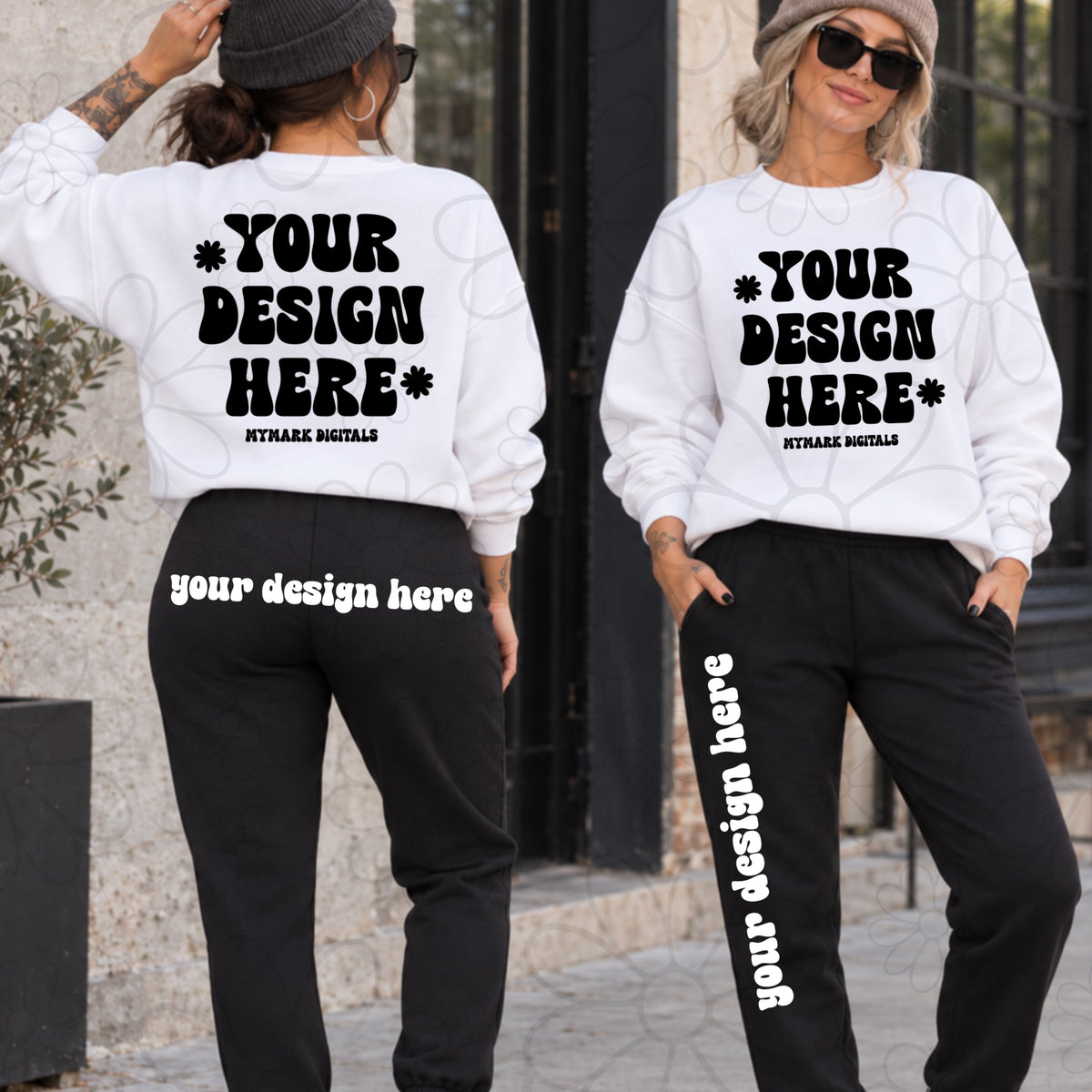 Lifestyle White Crewneck & Black Joogers Front & Back View Mockup