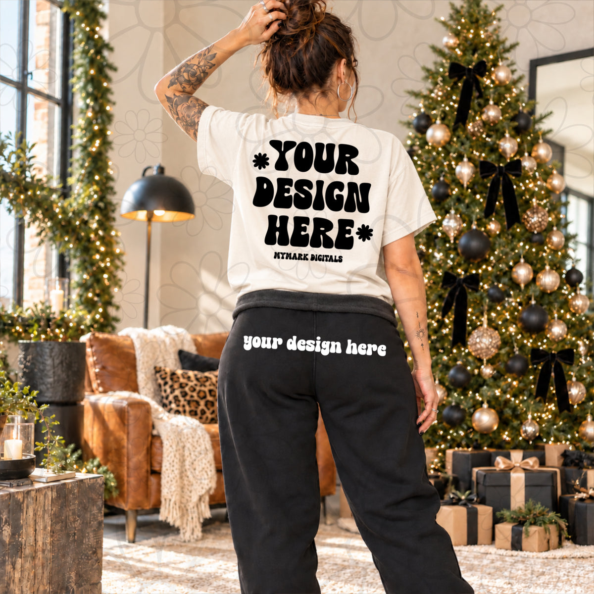 Christmas Ivory Tee and Black Joggers Back View Mockup