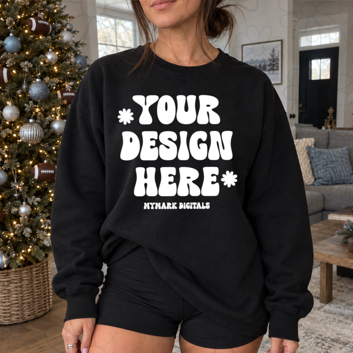 Edgy Christmas Football Blank Crewneck Sweatshirt Mockup
