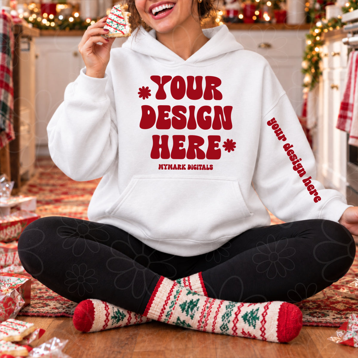 Christmas Cake White Hoodie Sweatshirt Sleeve Mock Up