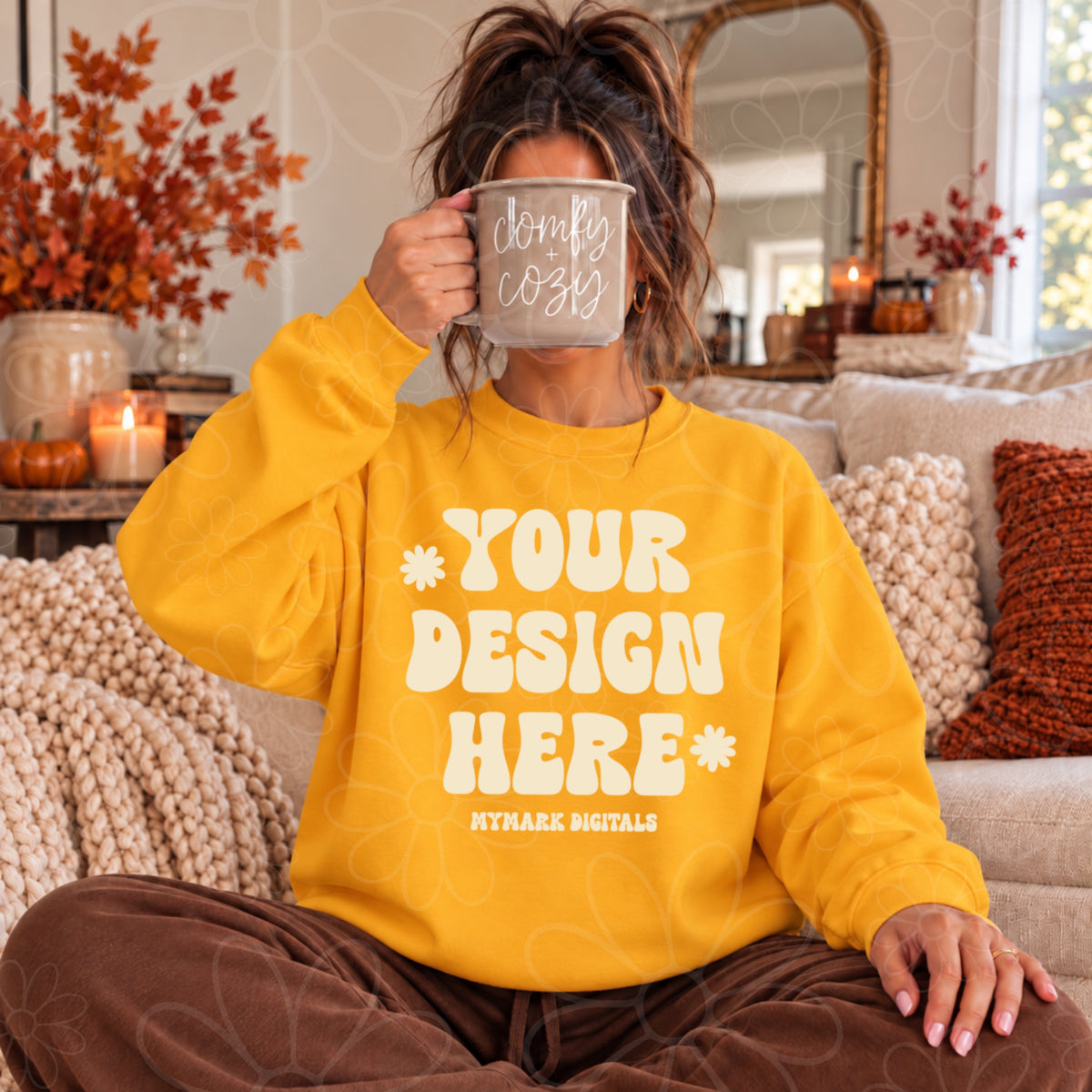 Fall Comy Cozy Gold Crewneck Sweatshirt Mock Up