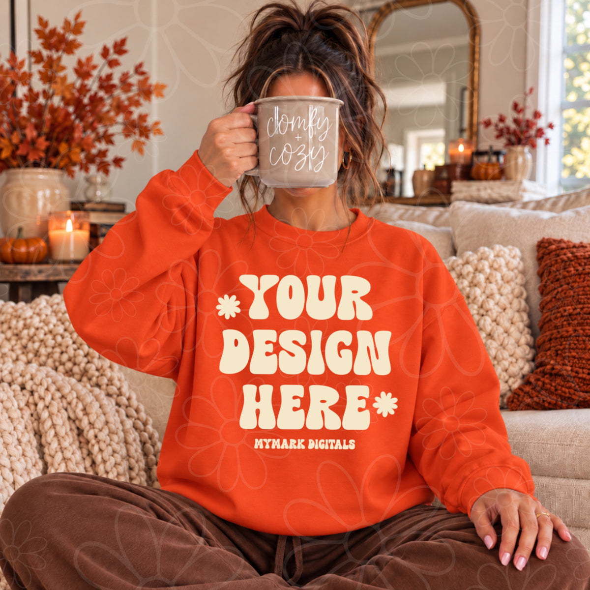 Fall Comfy Cozy Orange Crewneck Sweatshirt Mock Up