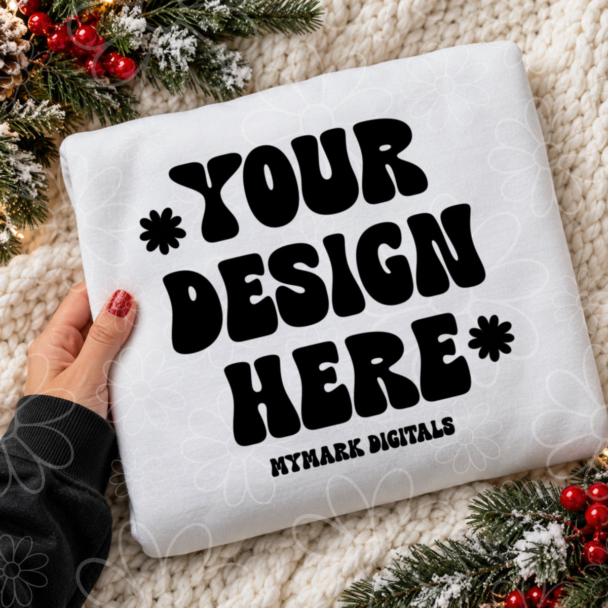 Christmas Holly White Crewneck Sweatshirt Flat lay Mock Up