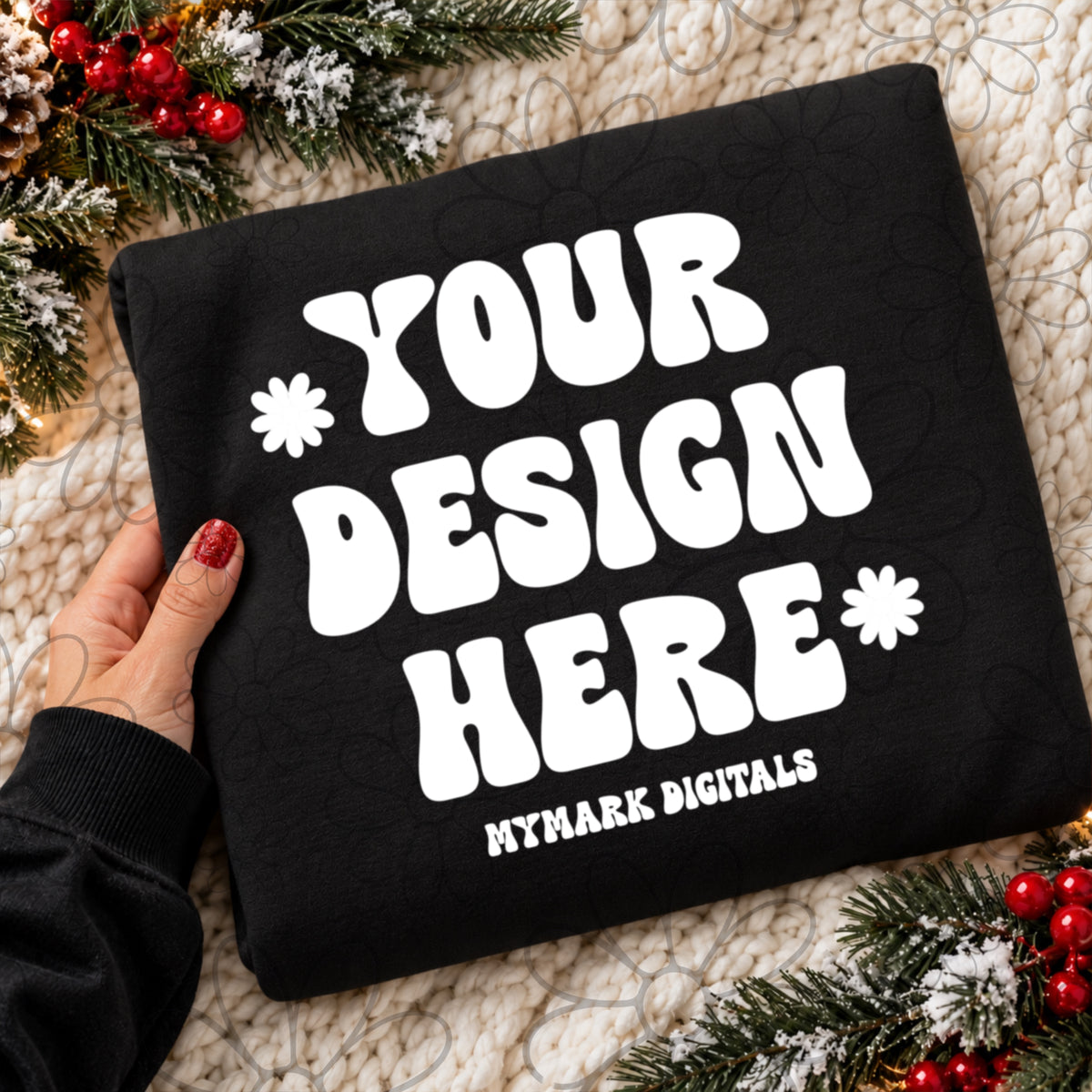 Christmas Holly Black Crewneck Sweatshirt Flat lay Mock Up