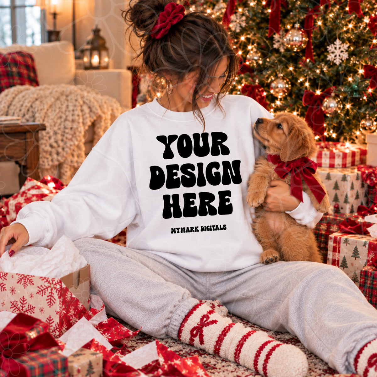 Christmas Morning Puppy White Crewneck Sweatshirt Mock Up