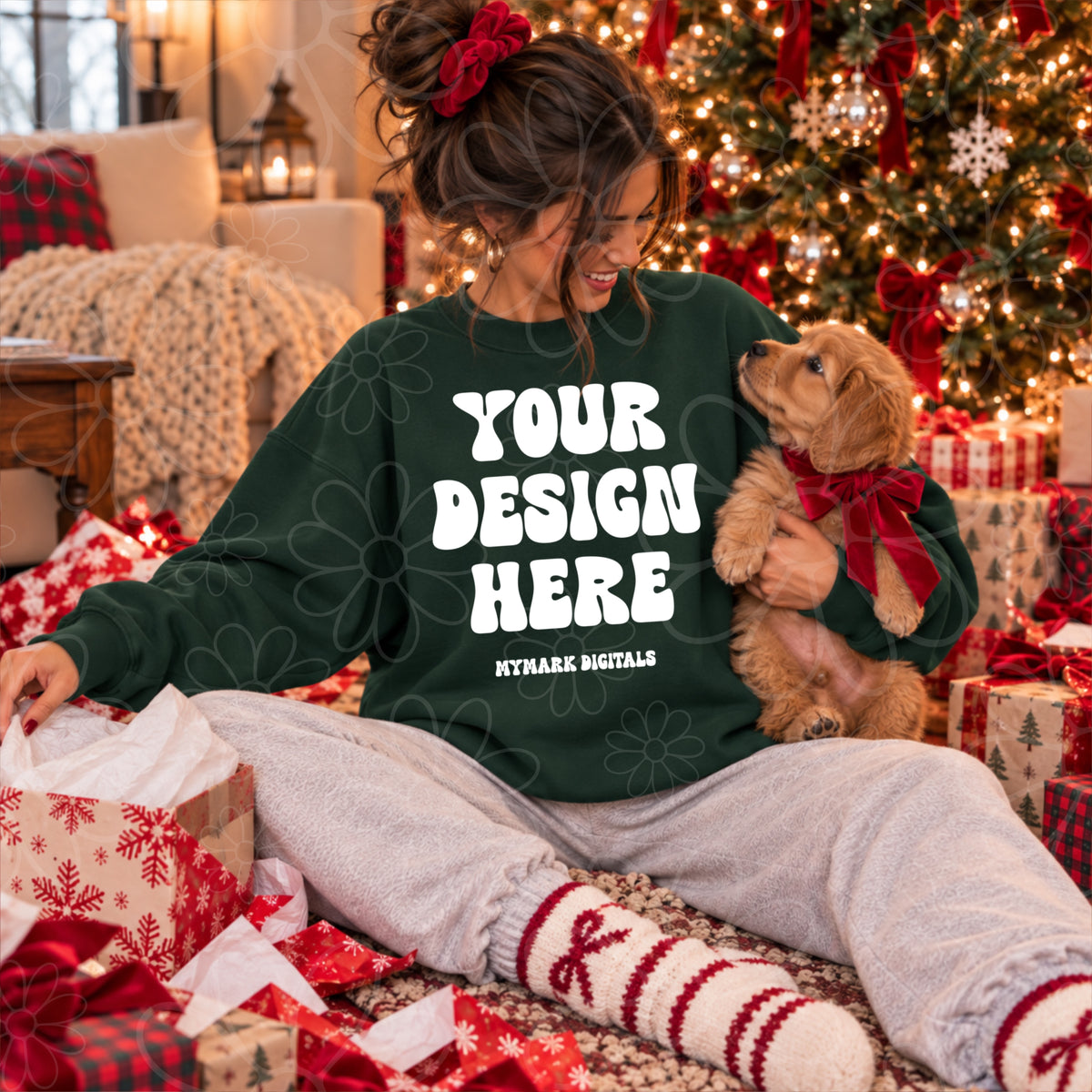 Christmas Morning Puppy Dark Green Crewneck Sweatshirt Mock Up
