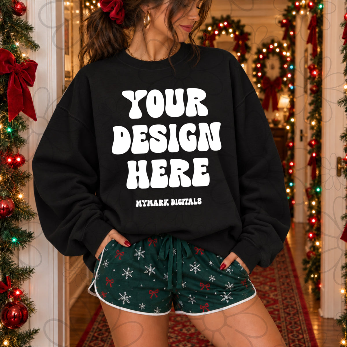 Christmas Hallway Black Crewneck Sweatshirt Mock Up