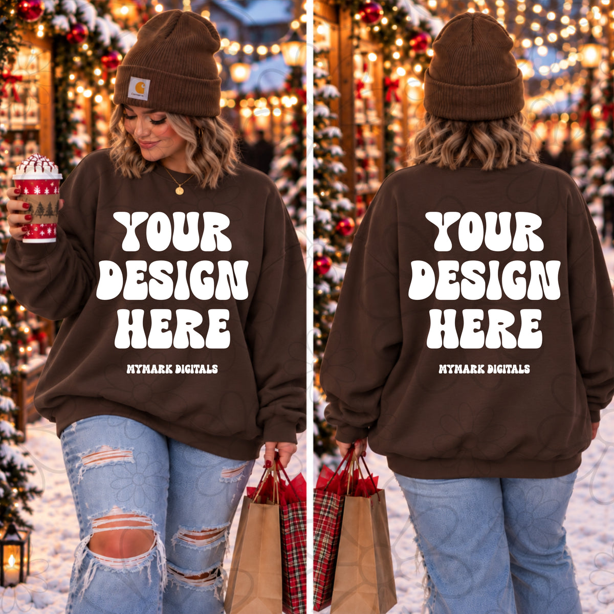 Christmas Market Brown Crewneck Sweatshirt Mock Up Front & Back