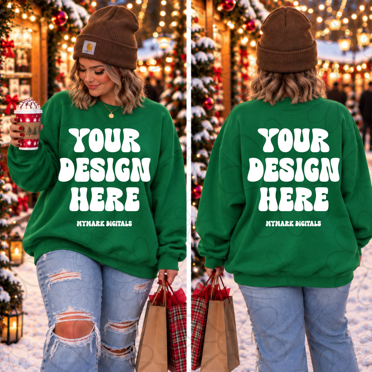 Christmas Market Irish Green Crewneck Sweatshirt Mock Up Front & Back