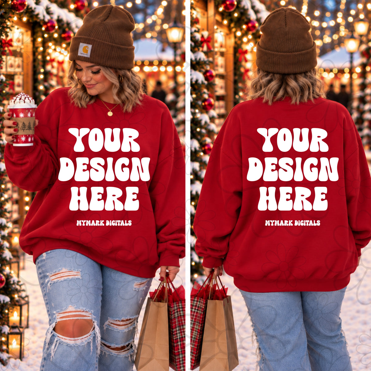 Christmas Market Red Crewneck Sweatshirt Mock Up Front & Back