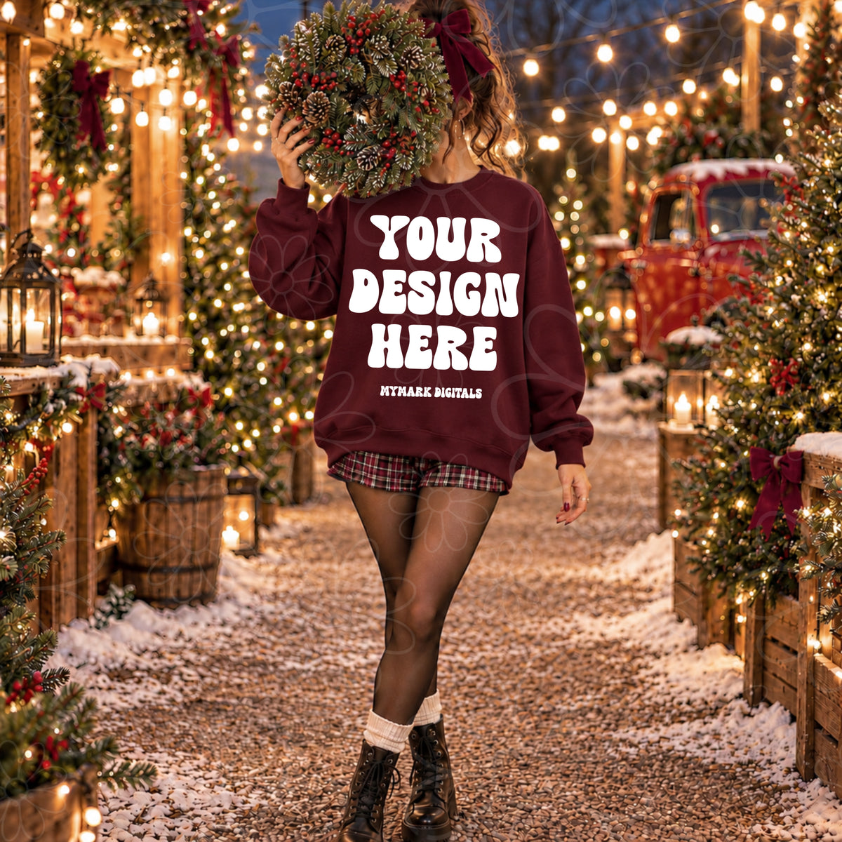 Christmas Wreath Maroon Crewneck Sweatshirt Mock Up
