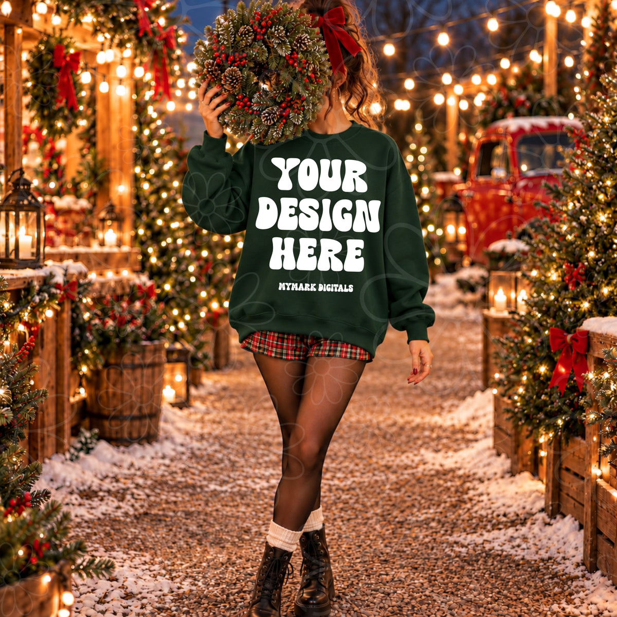 Christmas Wreath Dark Green Crewneck Sweatshirt Mock Up