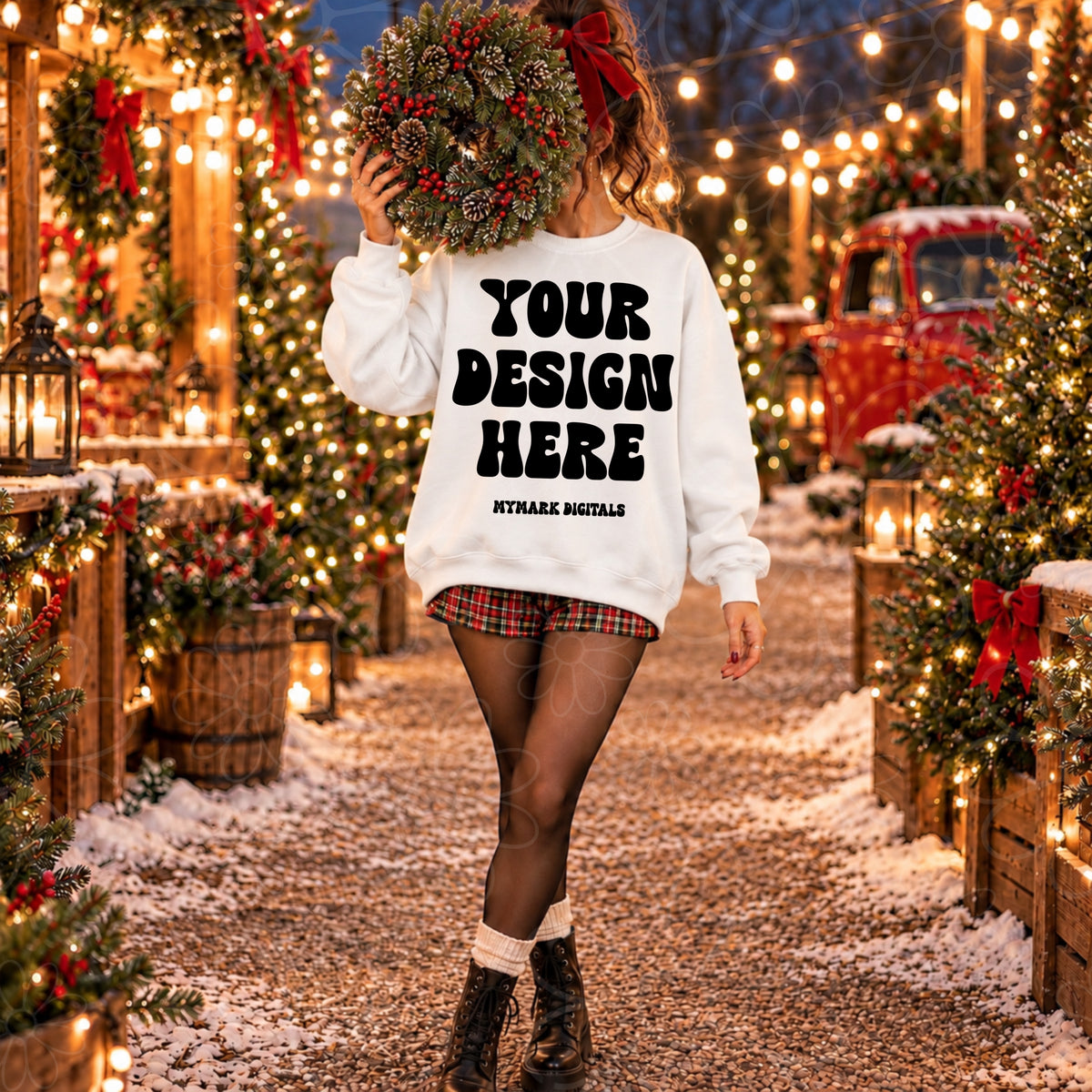 Christmas Wreath White Crewneck Sweatshirt Mock Up