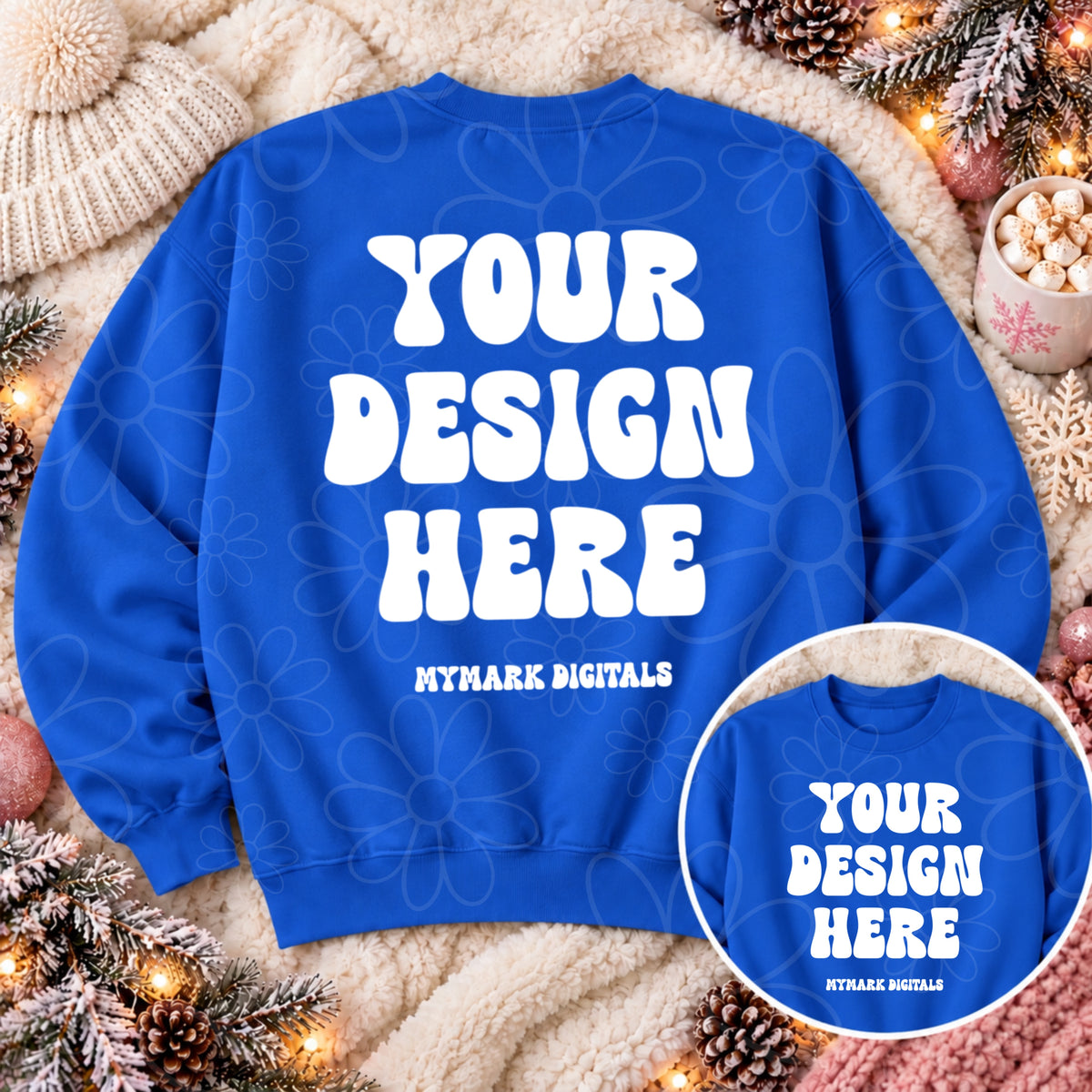 Holiday Royal Crewneck Sweatshirt Mock Up Flat Lay Back & Front