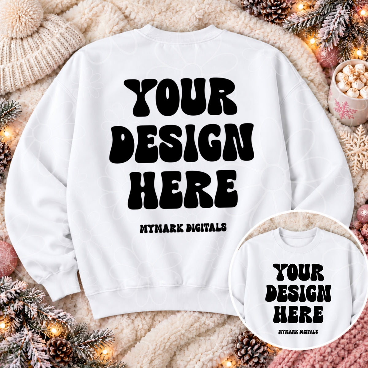 Holiday White Crewneck Sweatshirt Mock Up Flat Lay Back & Front