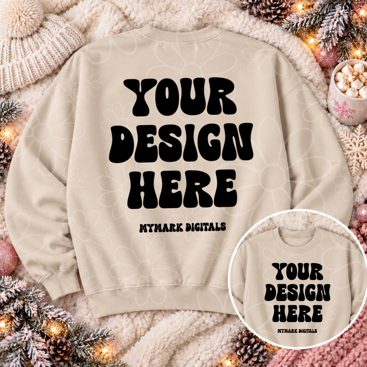Holiday Sand Crewneck Sweatshirt Mock Up Flat Lay Back & Front