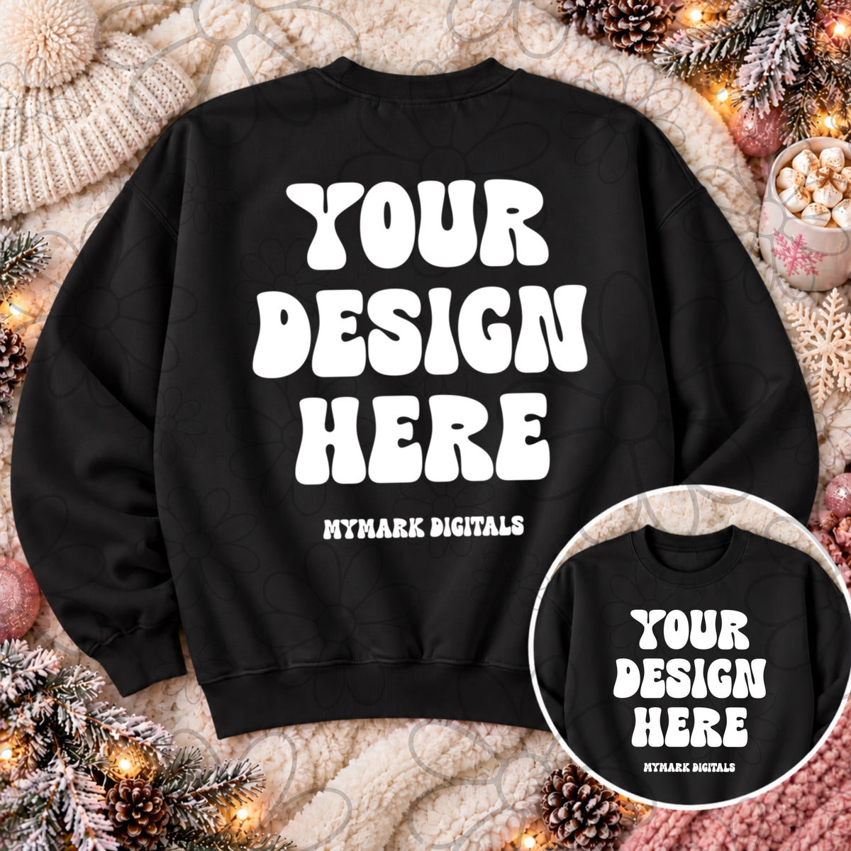 Holiday Black Crewneck Sweatshirt Mock Up Flat Lay Back & Front