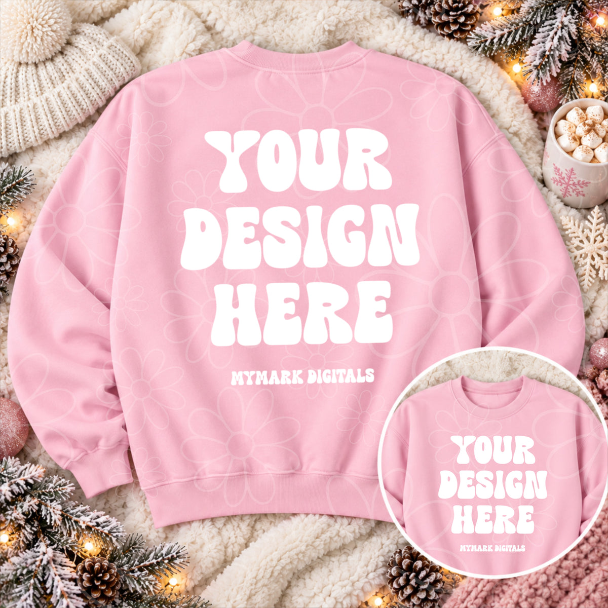 Holiday Light Pink Crewneck Sweatshirt Mock Up Flat Lay Back & Front