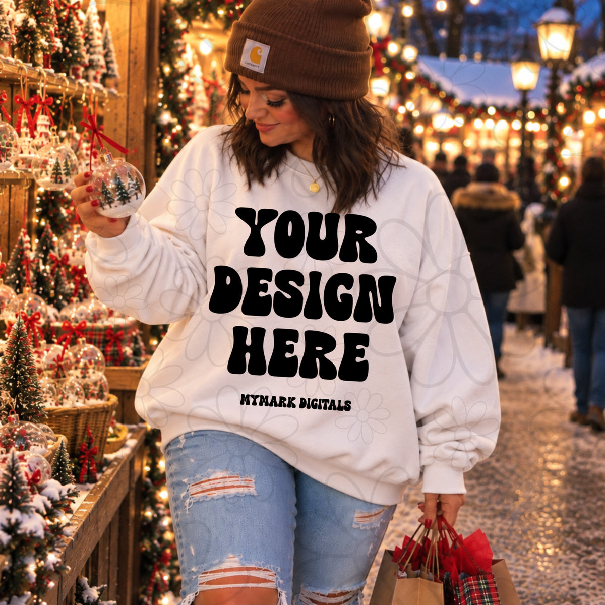 Christmas Market Ornament White Crewneck Sweatshirt Mock Up