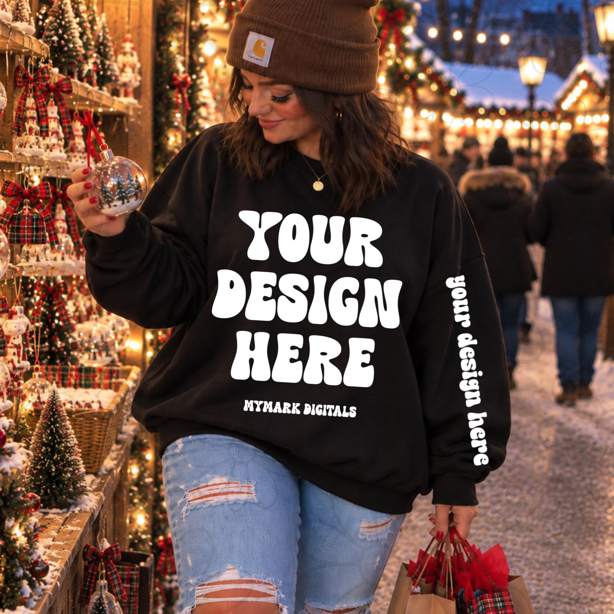 Christmas Market Ornament Black Crewneck Sweatshirt Mock Up