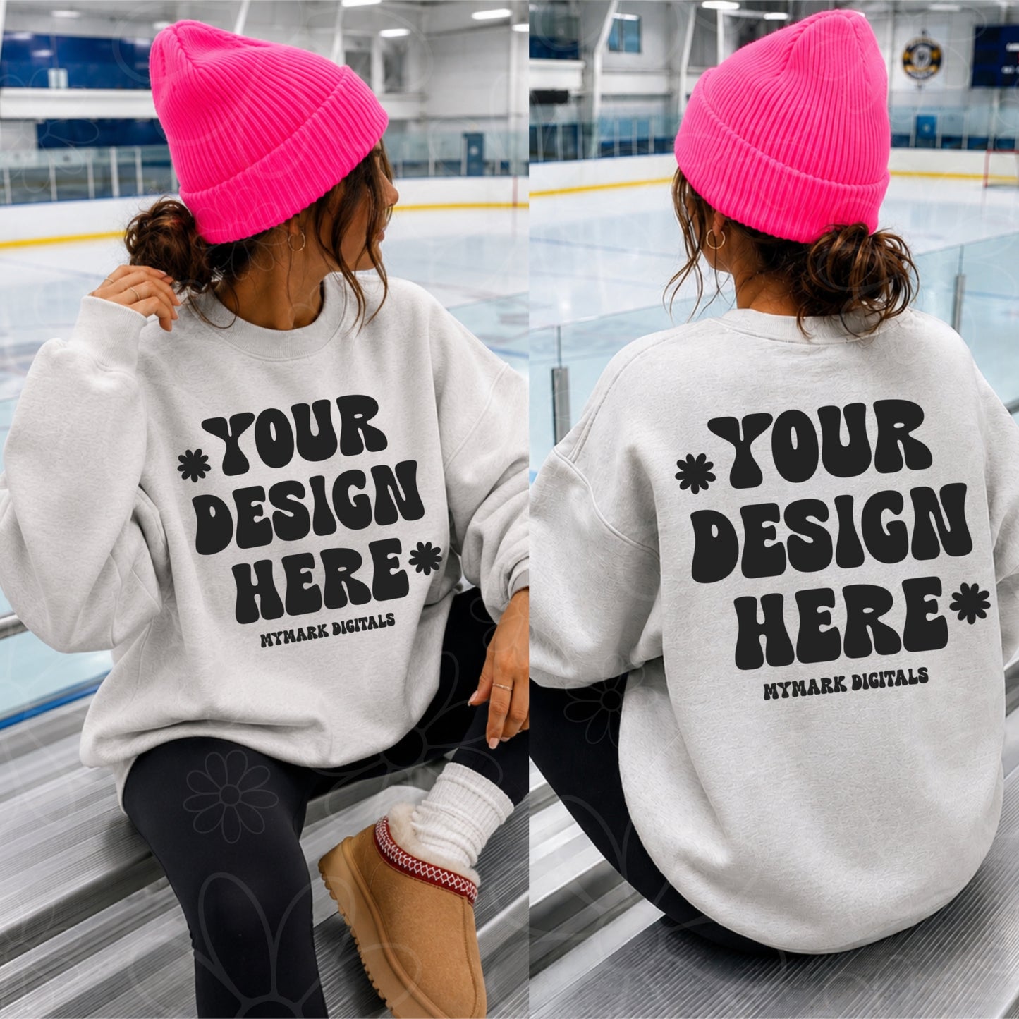 Gildan 18000 Ash Grey Crewneck Sweatshirt Mockup | Hockey Rink Mock | Bright Beanie Mock | Front & Back Mock