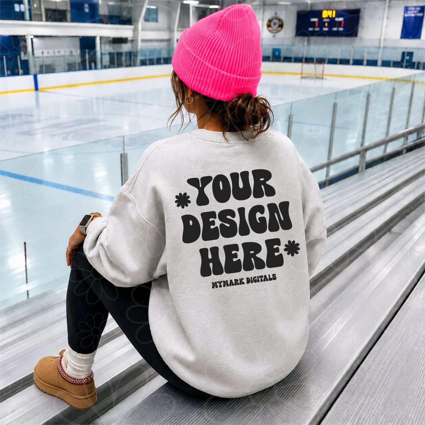 Gildan 18000 Ash Grey Crewneck Sweatshirt Mockup | Hockey Rink Mock | Bright Beanie Mock | Back Mock