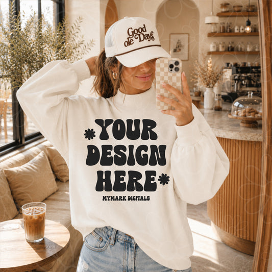 Mockneck White Sweatshirt Mockup | Coffee Shop Mock Up | Lifestyle Mock | Generic Brand | Trucker Hat