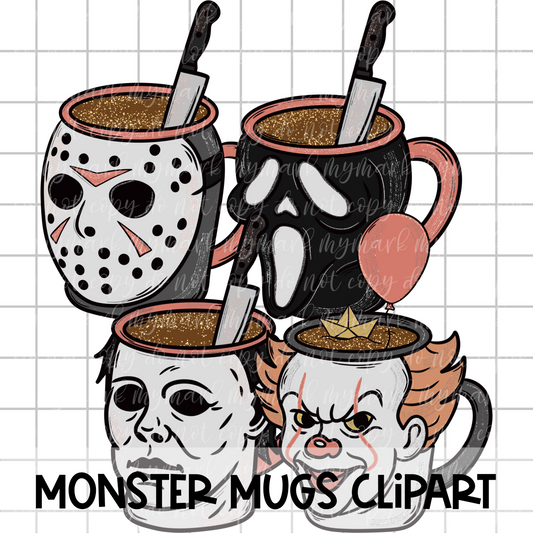 MONSTER MUGS CLIPART - color & outlines | August Clipart 25