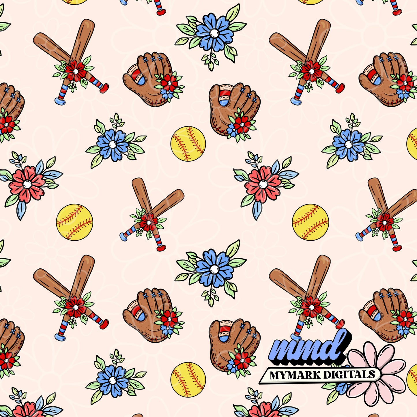 Softball Floral Seamless | Repeating Pattern
