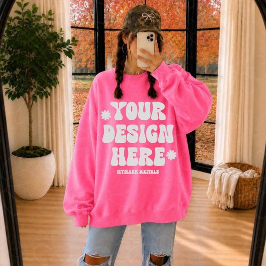Gildan 18000 Safety Pink Sweatshirt Crewneck Mockup | Oversized Mock Up | Fall Mock