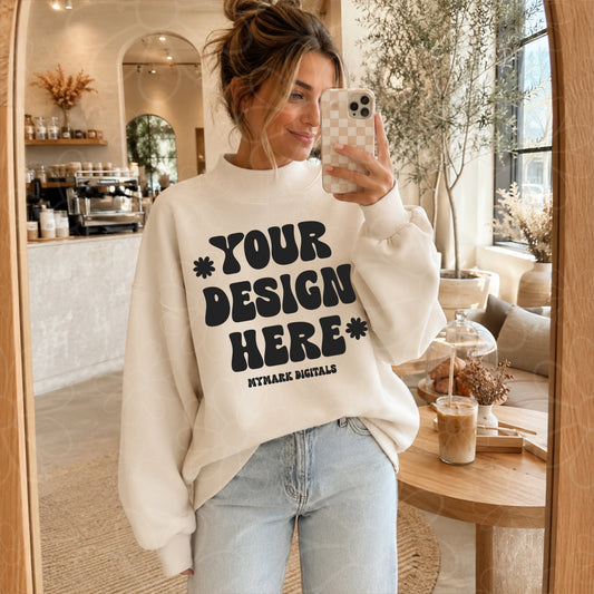 Mockneck White Sweatshirt  Mockup | Coffee Shop Mock Up | Lifestyle Mock | Generic Brand