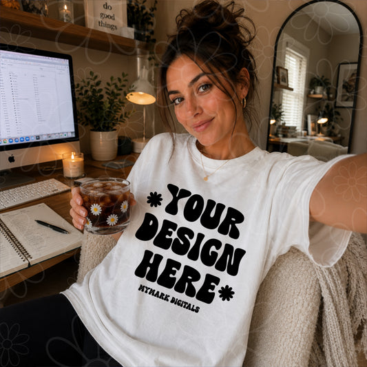 White Gildan 5000 Tee Mock Up |  Work From Home Mockup | Selfie Mock
