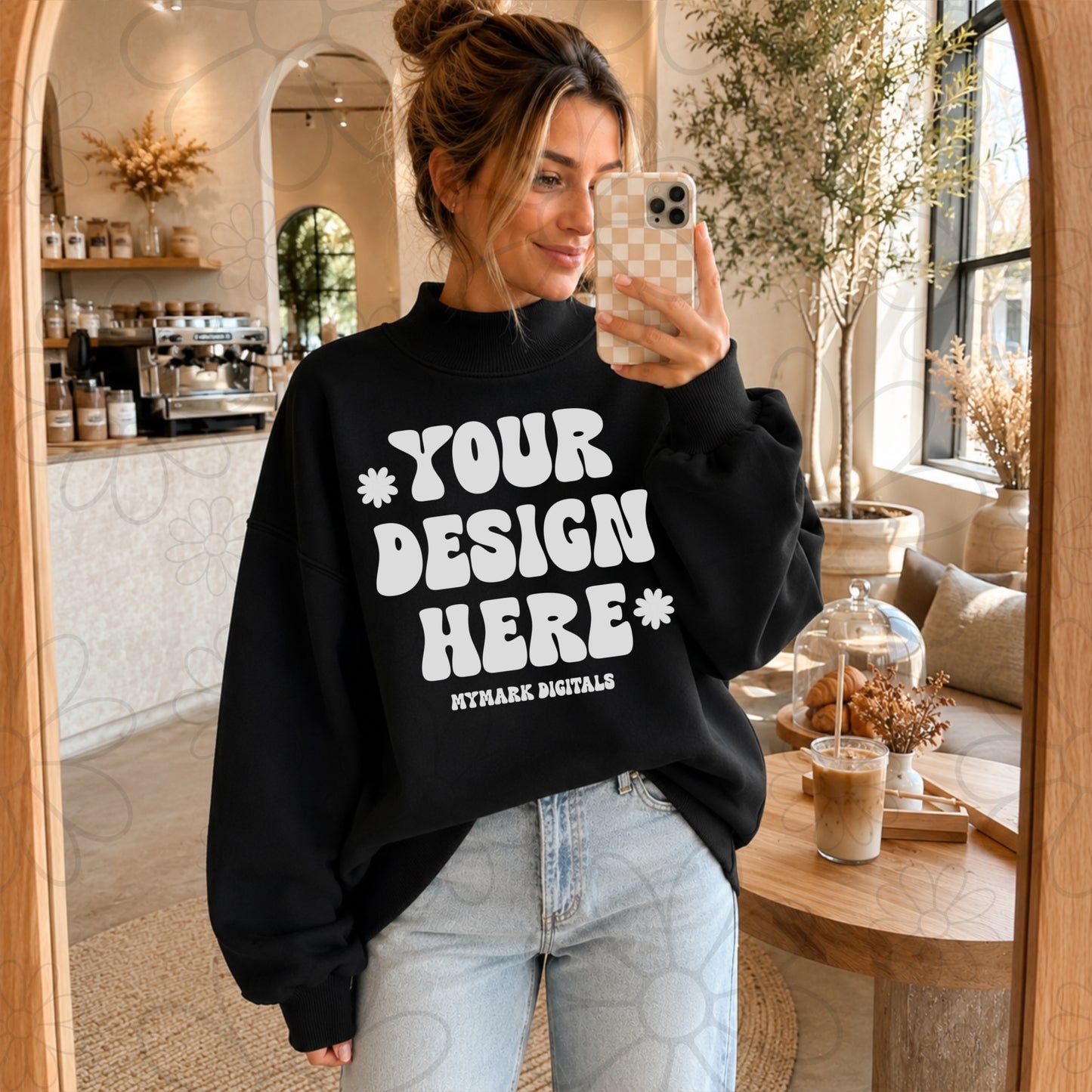 Mockneck Black Sweatshirt  Mockup | Coffee Shop Mock Up | Lifestyle Mock | Generic Brand