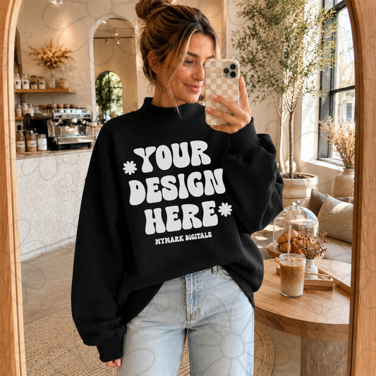 Mockneck Black Sweatshirt  Mockup | Coffee Shop Mock Up | Lifestyle Mock | Generic Brand