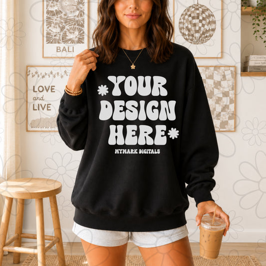 Gildan 18000 Black Crewneck Sweatshirt Mockup | RetroMock Up | Lifestyle Mock | Iced Coffee Mocks