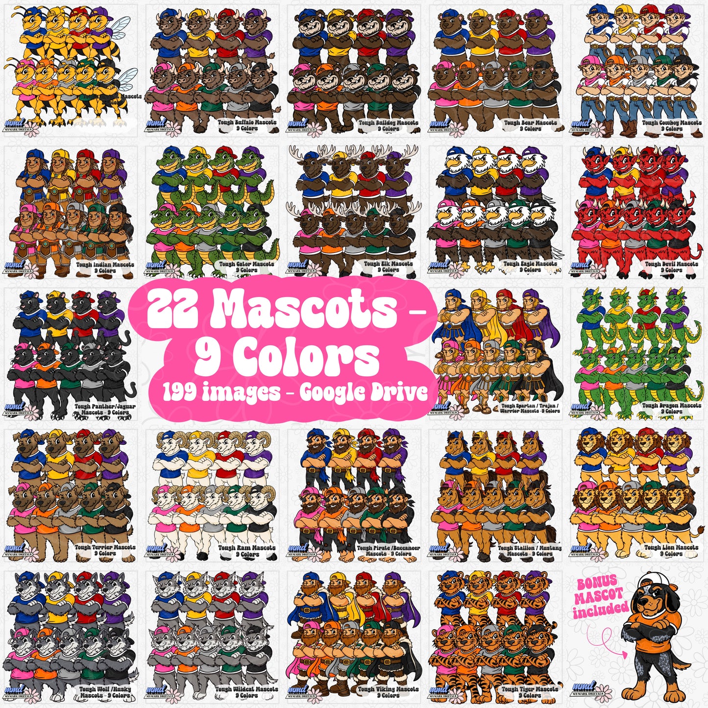 Tough Mascots | 22 Mascots Sets - 9 Colors PLUS BONUS Mascot | Google Drive Access |  Clipart | Aug26
