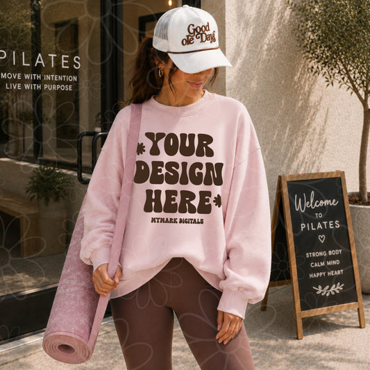 Gildan 18000 Light Pink Crewneck Sweatshirt Mock Up |  Workout Mockup | Pilates Mock