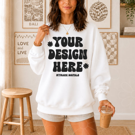 Gildan 18000 White Crewneck Sweatshirt Mockup | RetroMock Up | Lifestyle Mock | Iced Coffee Mocks