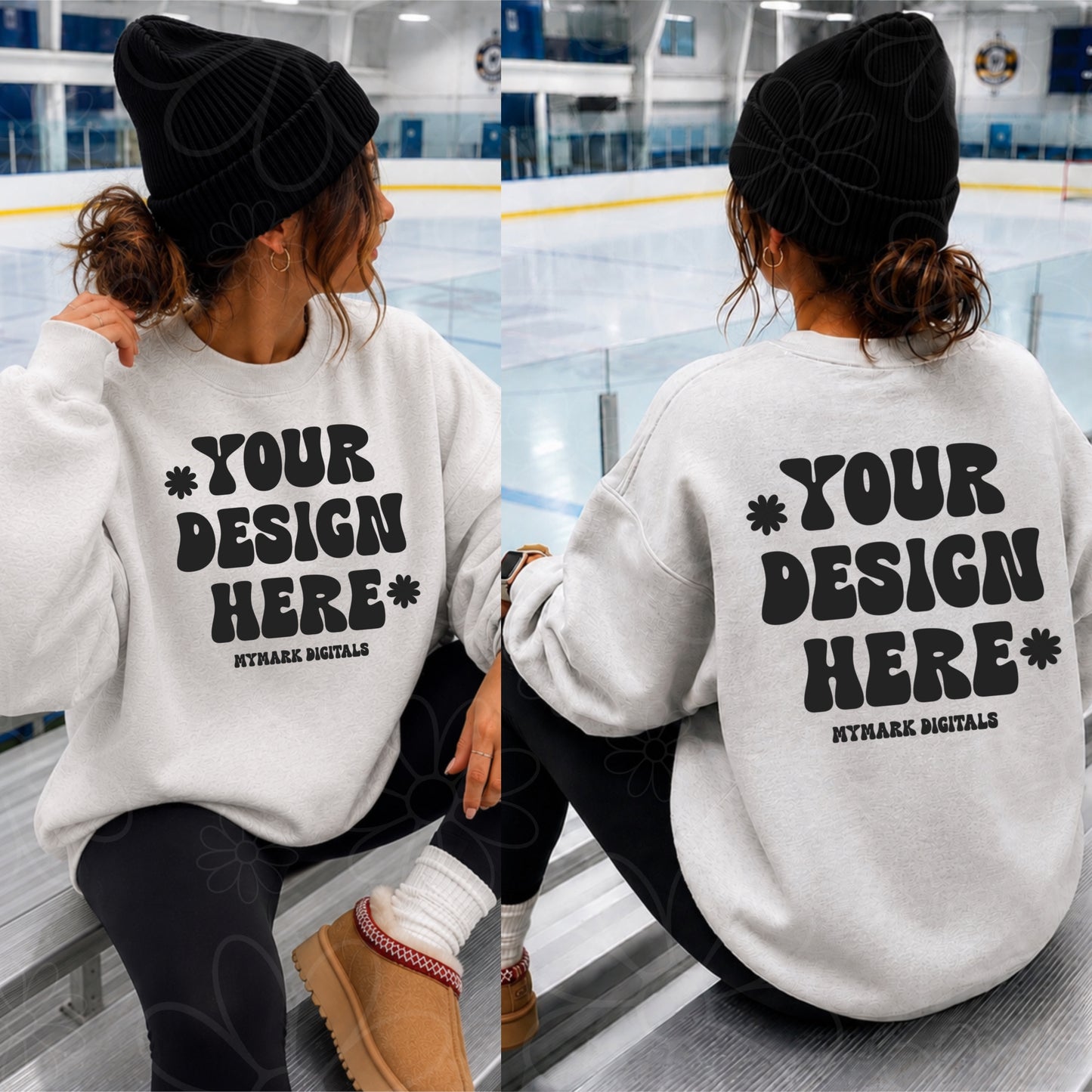Gildan 18000 Ash Grey Crewneck Sweatshirt Mockup | Hockey Rink Mock | Beanie Mock | Front & Back Mock