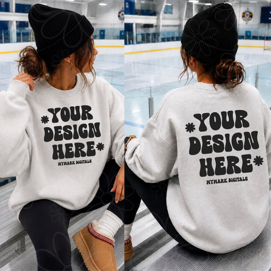 Gildan 18000 Ash Grey Crewneck Sweatshirt Mockup | Hockey Rink Mock | Beanie Mock | Front & Back Mock