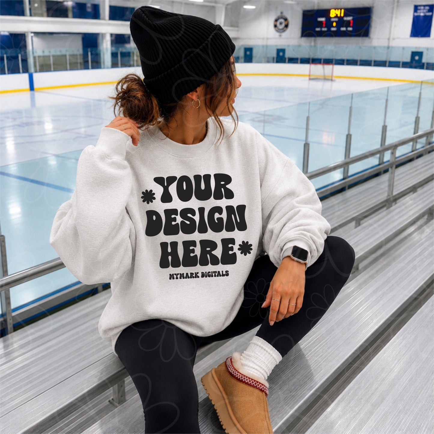 Gildan 18000 Ash Grey Crewneck Sweatshirt Mockup | Hockey Rink Mock | Bright Beanie Mock | Front Mock