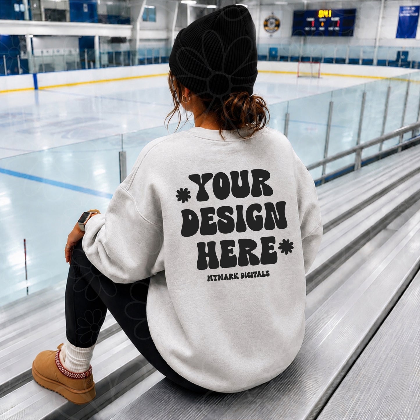 Gildan 18000 Ash Grey Crewneck Sweatshirt Mockup | Hockey Rink Mock |  Beanie Mock | Back Mock