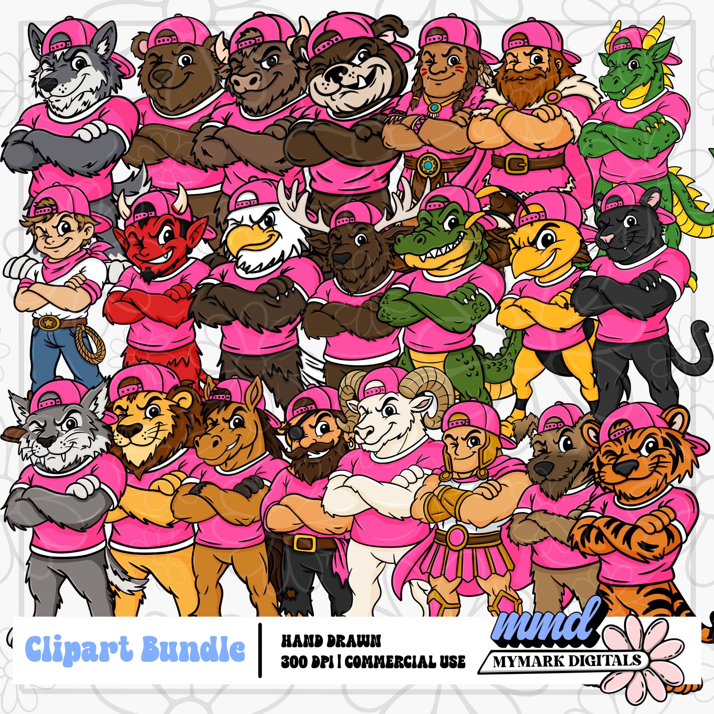 Pink Tough Mascots | 22 Mascots Sets |  Clipart | Aug26