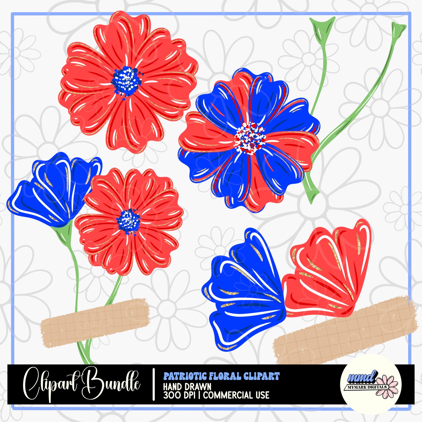 Red White & Bllue Floral Clipart