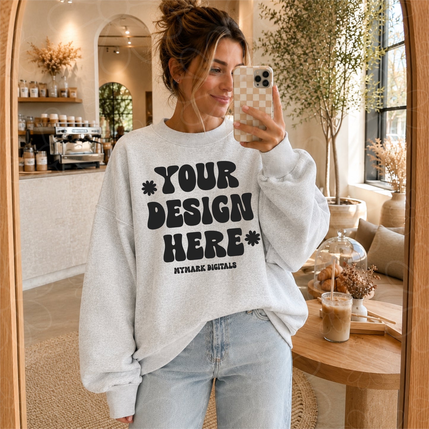 Gildan 18000 Ash Grey Crewneck Sweatshirt Mockup | Coffee Shop Mock Up | Lifestyle Mock |