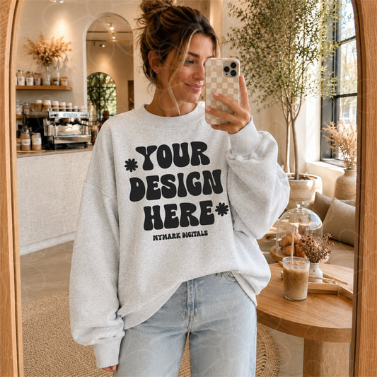 Gildan 18000 Ash Grey Crewneck Sweatshirt Mockup | Coffee Shop Mock Up | Lifestyle Mock |