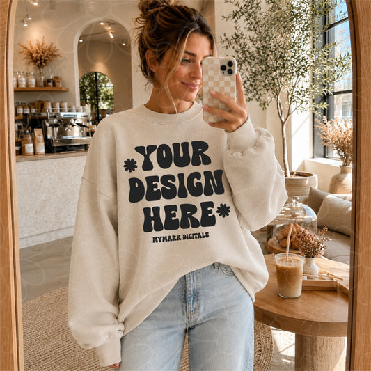 Gildan 18000 Sand Crewneck Sweatshirt Mockup | Coffee Shop Mock Up | Lifestyle Mock | Generic Brand |